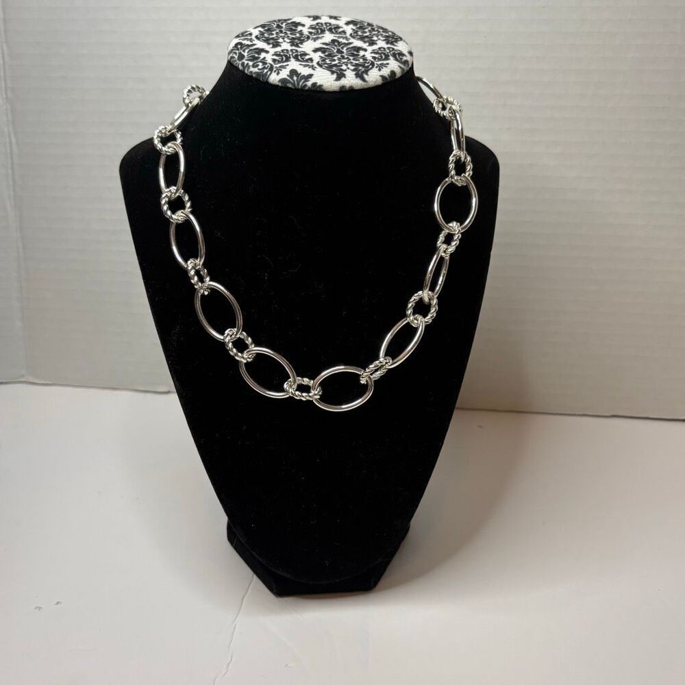 Chaps Etched Silver Tone Geometric Oval Chain Link Choker Necklace 18”